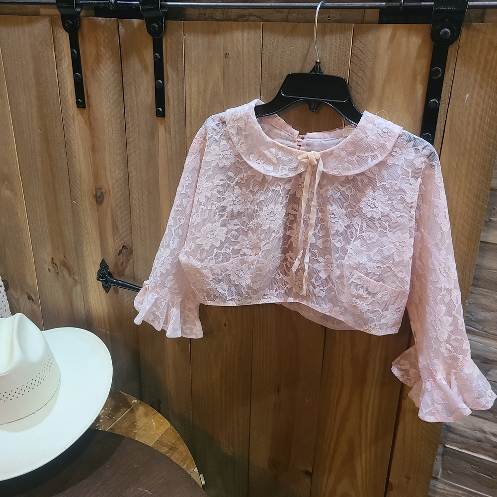 Vintage Delicate Lace Tie-Neck Crop Top - Pink